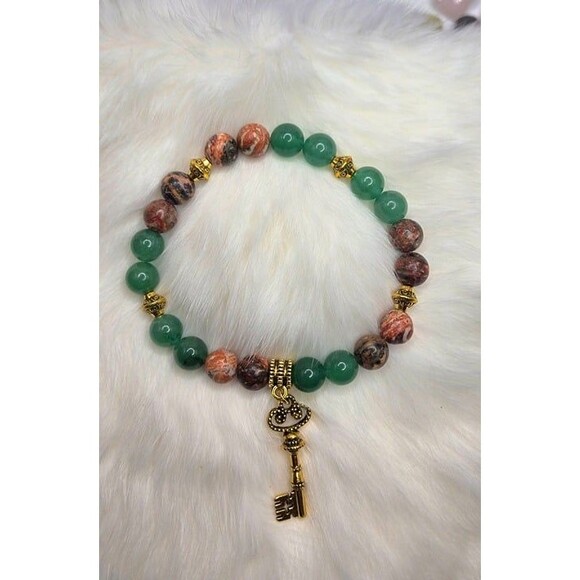 Leopard Jasper, Green Aventurine with Key Charm Bracelet - Picture 7 of 7